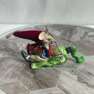 Whimsical Christmas Mouse Ornament on Green Gas Can with Red Velvet Hat 4”